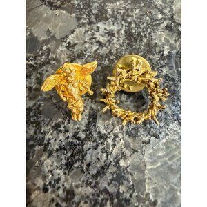 Gold Angel & Wreath Lapel Pins Vintage Religious Accessories Vintage